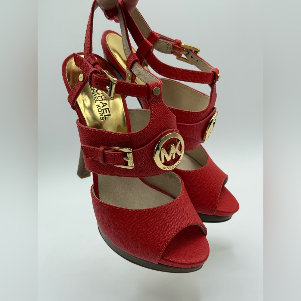 Michael Kors Mackenzie Saffiano Leather Logo Platform Sandal Luggage Size 7.5M - Picture 5 of 17